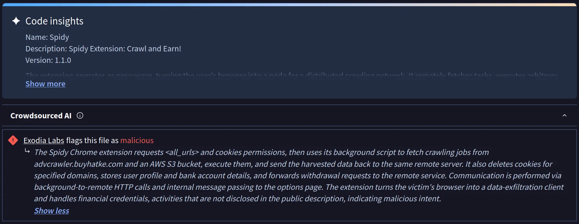 Exodia Labs AI Verdict on VirusTotal for Spidy Extension