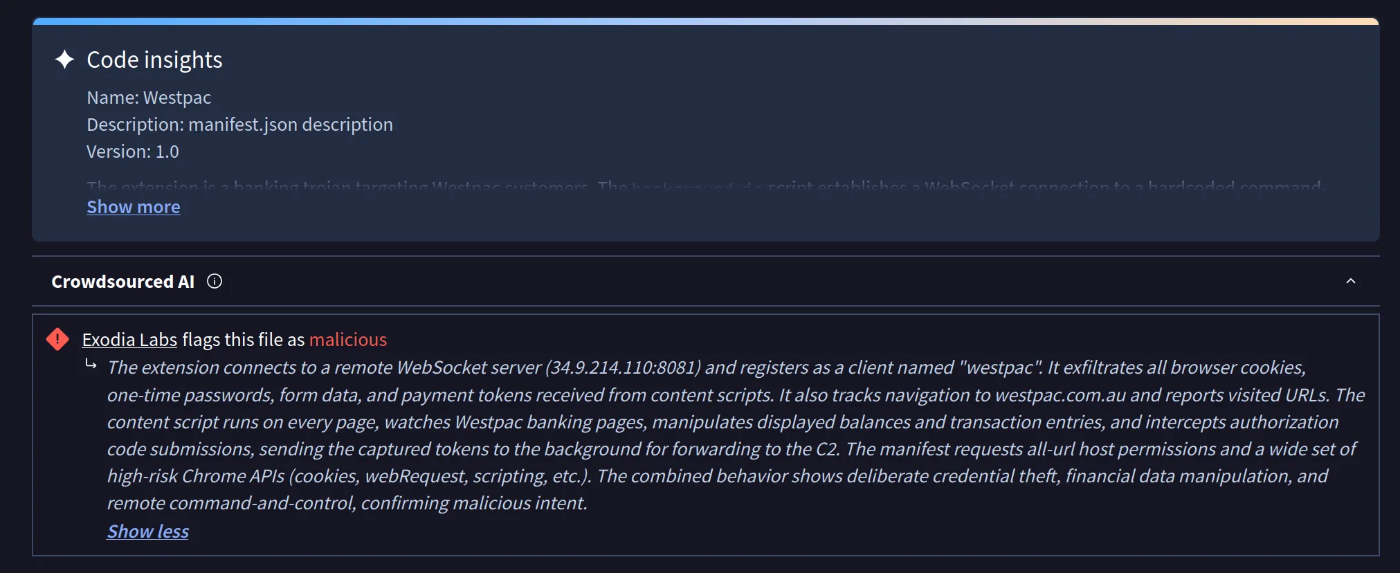 Exodia Labs AI Verdict on VirusTotal for Westpac Extension